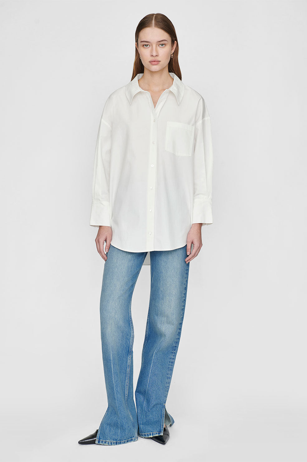 White Cotton Poplin Button Front Pull On Pants