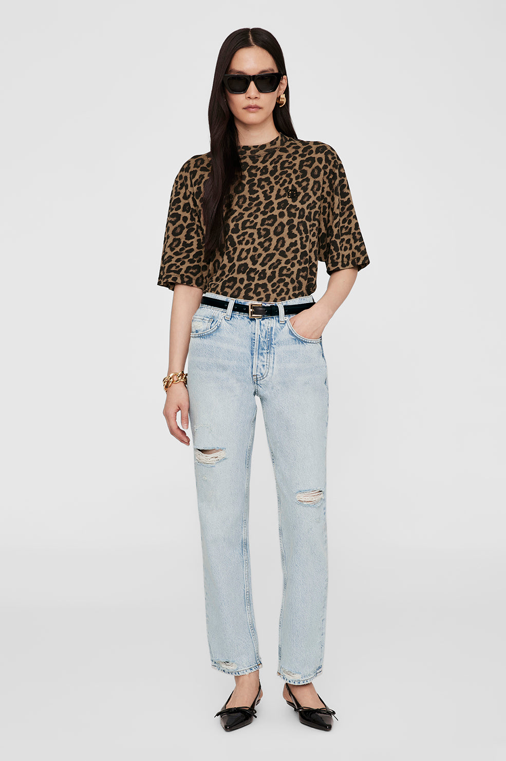 ANINE BING Avi Tee - Black And Brown Leopard - On Model Front