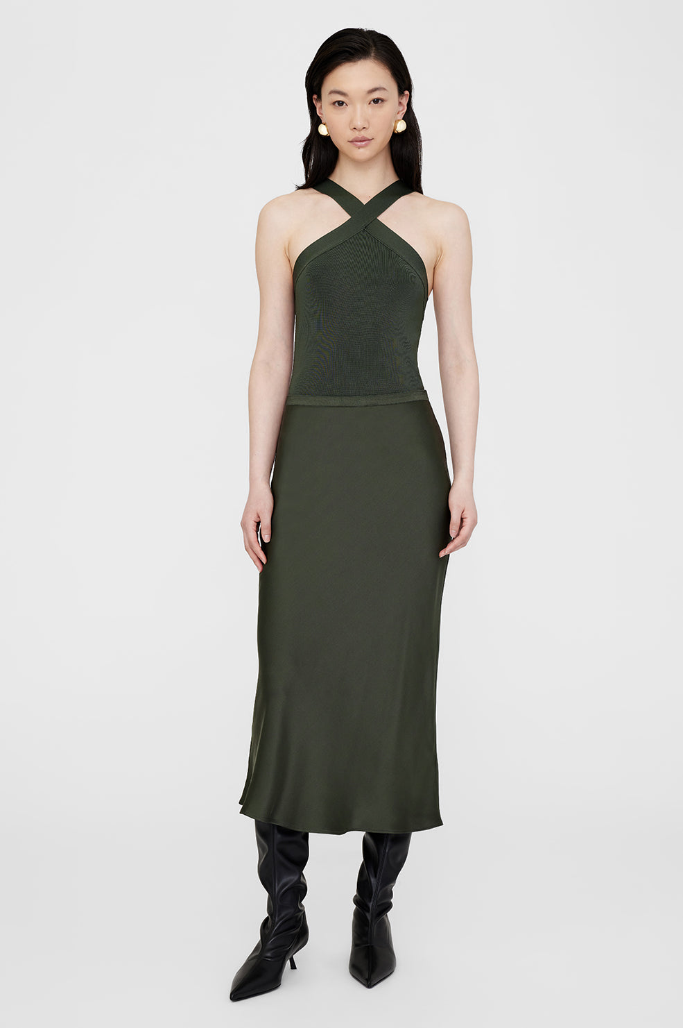 ANINE BING Bar Silk Skirt - Dark Olive - On Model Front