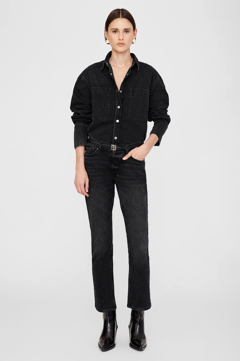 ANINE BING Dante Shirt - Iron Black Denim - On Model Front