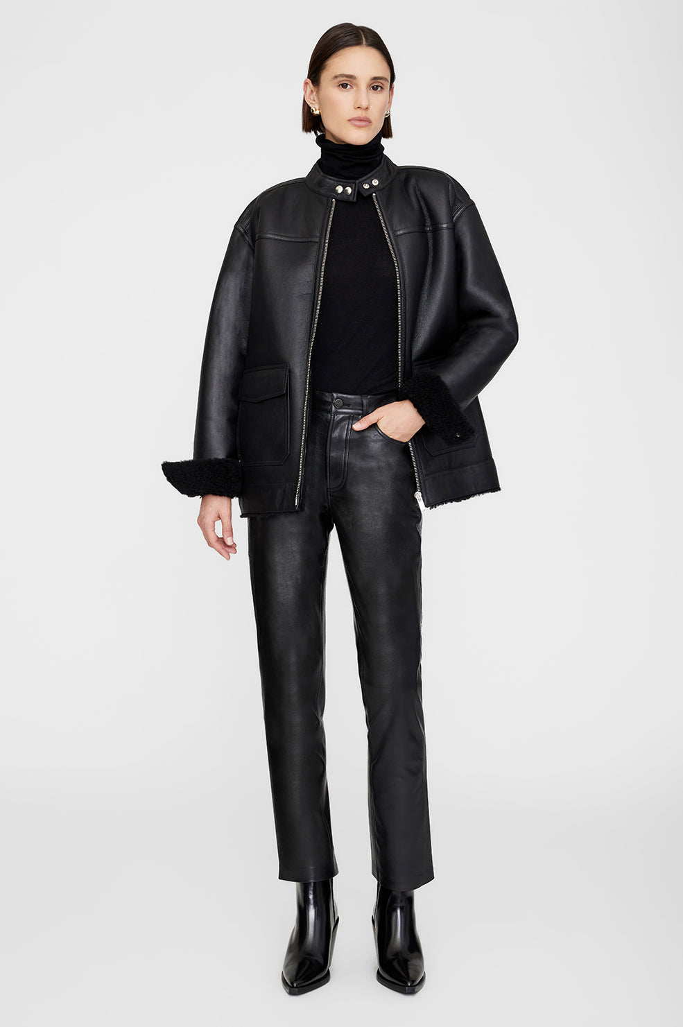 ANINE BING Henry Jacket - Black Leather With Shearling - On Model Front