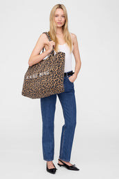 ANINE BING Leo Canvas Tote - Black And Brown Leopard - On Model Side View