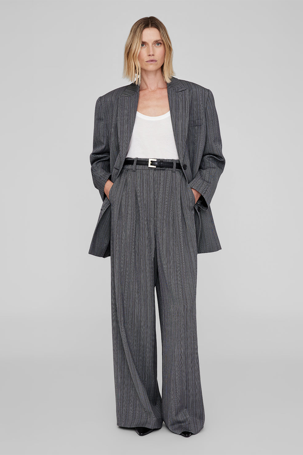 ANINE BING Lou Trouser - Black And Grey Stripe - On Model Front Second Image