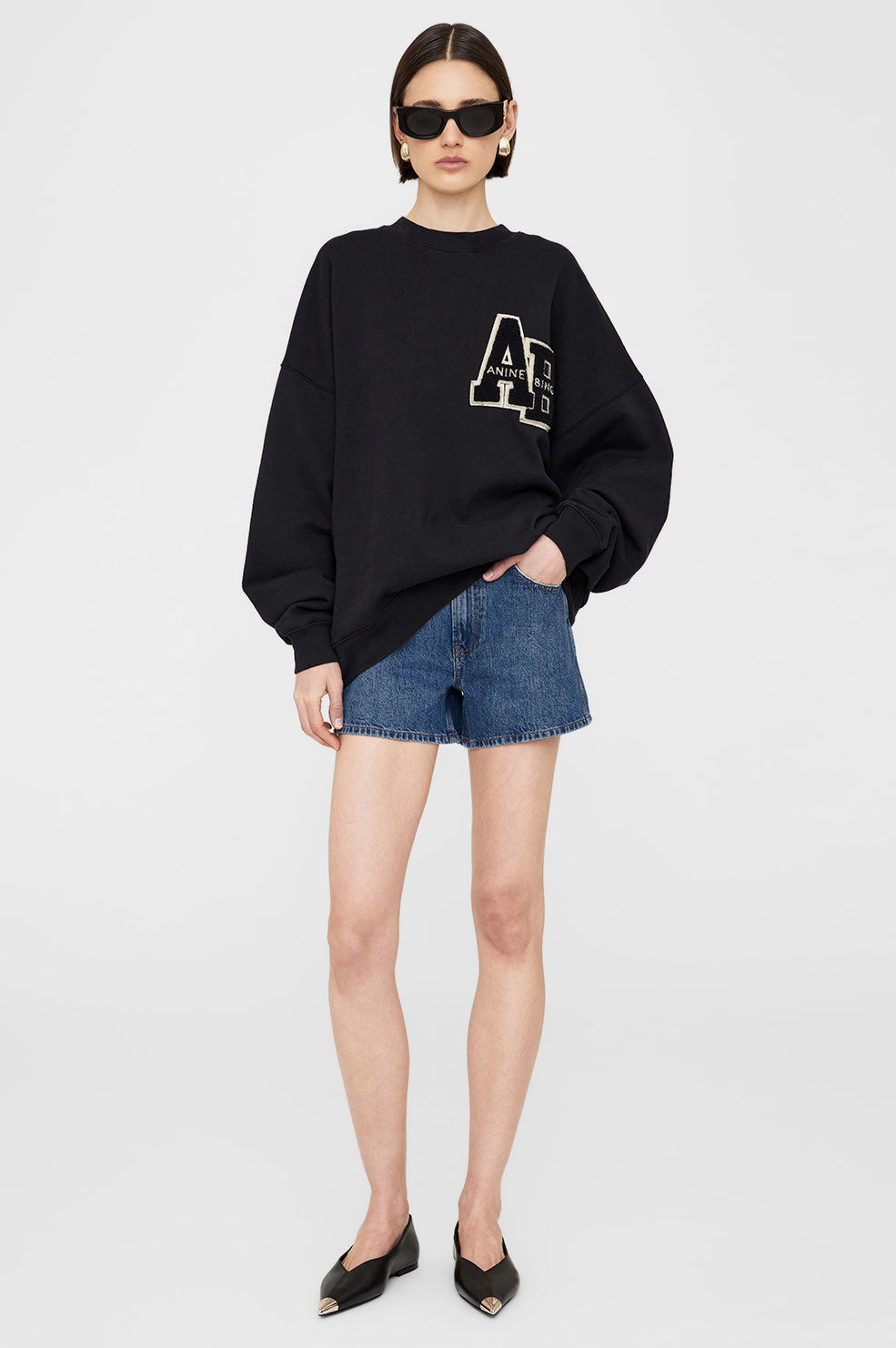 ANINE BING Miles Sweatshirt Letterman - Black - On Model Front