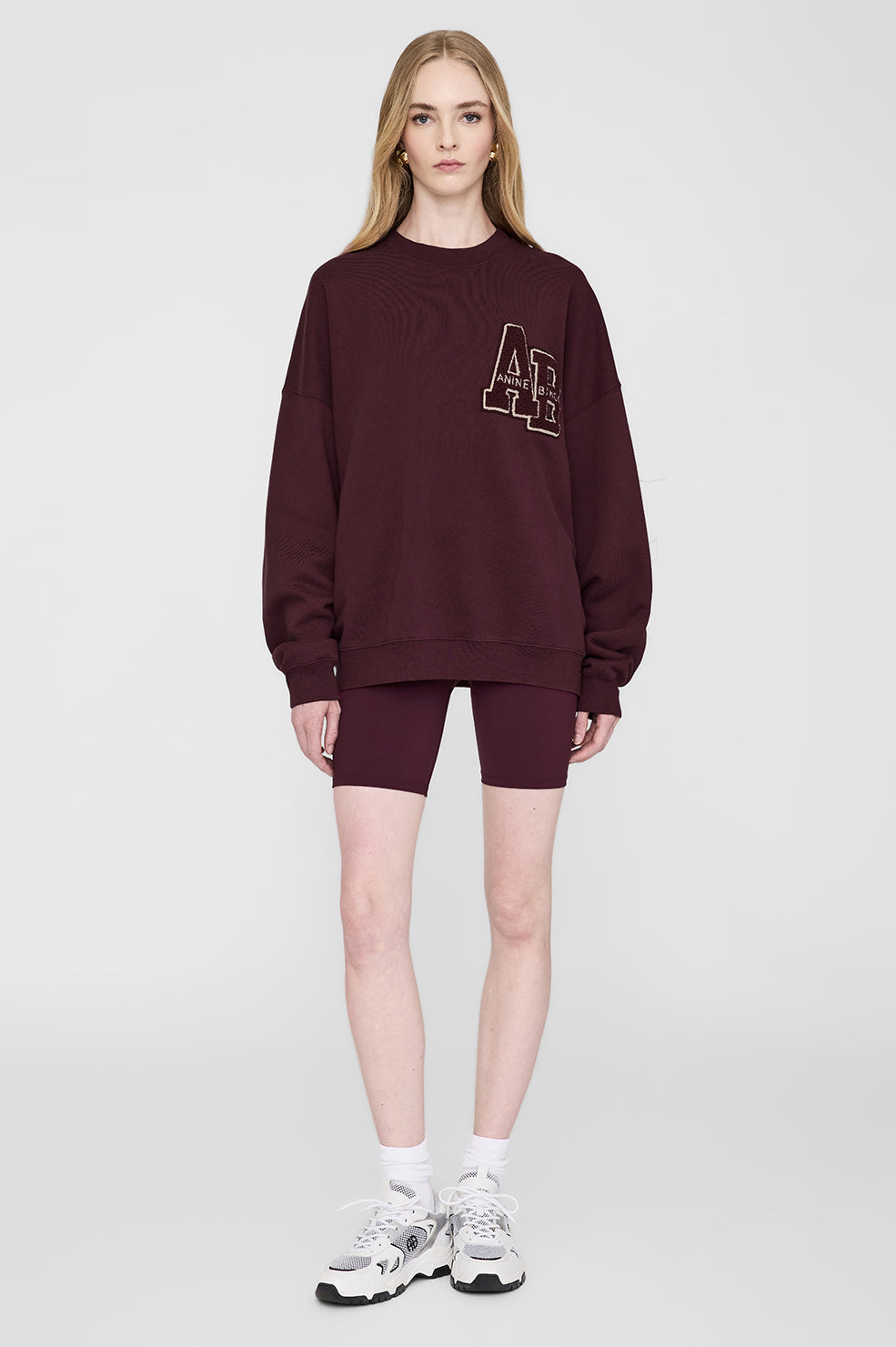 ANINE BING Miles Oversized Sweatshirt Letterman - Dark Burgundy - On Model Front