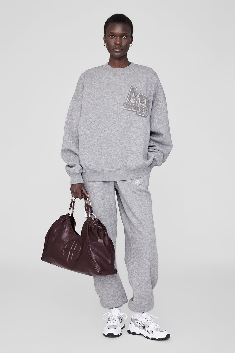 ANINE BING Miles Oversized Sweatshirt Letterman - Medium Heather Grey - On Model Front Second Image