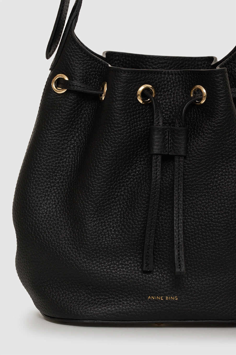 ANINE BING Mini Alana Bucket Bag - Black Pebbled - Detail View