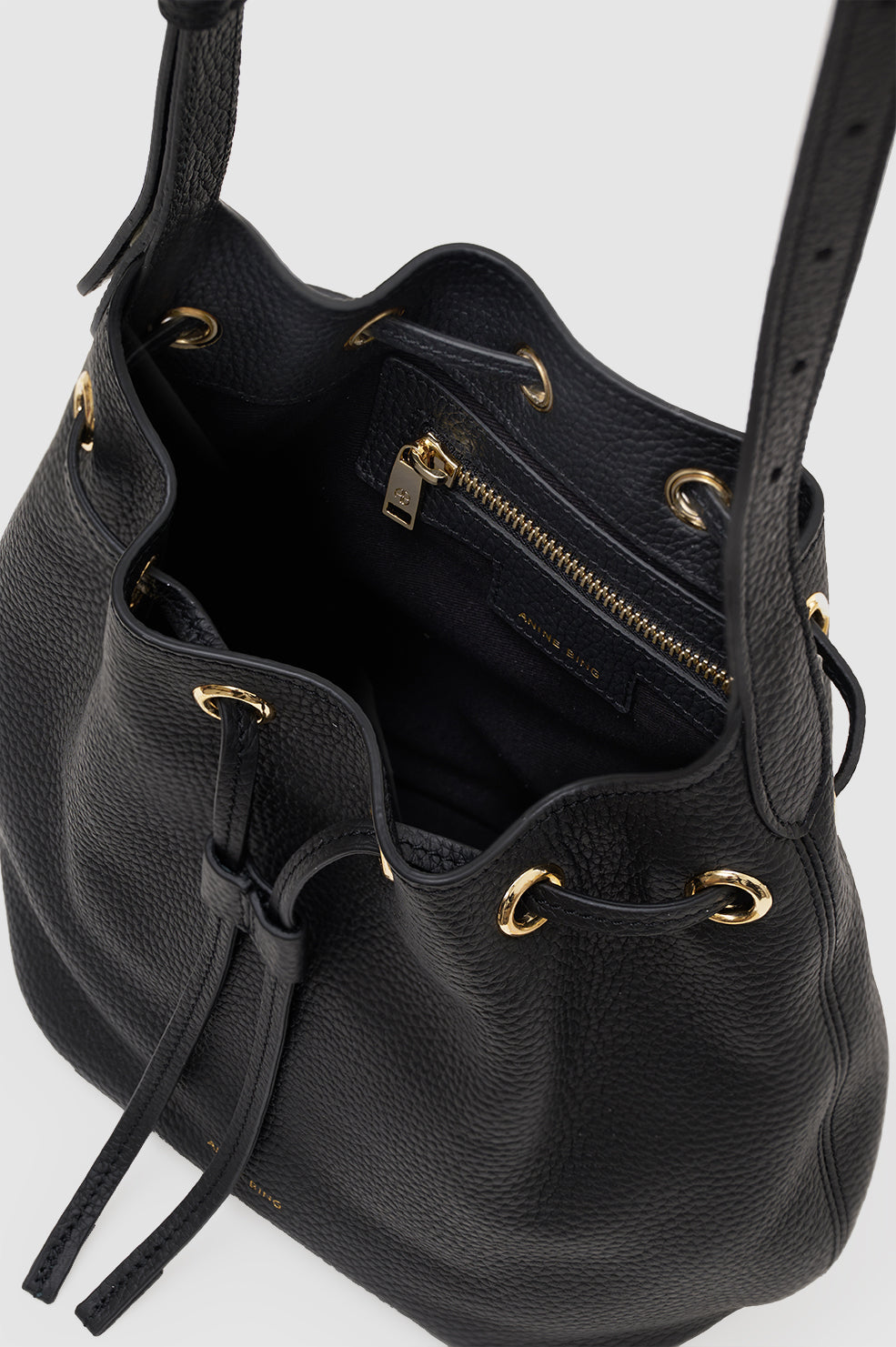 ANINE BING Mini Alana Bucket Bag - Black Pebbled - Inside View