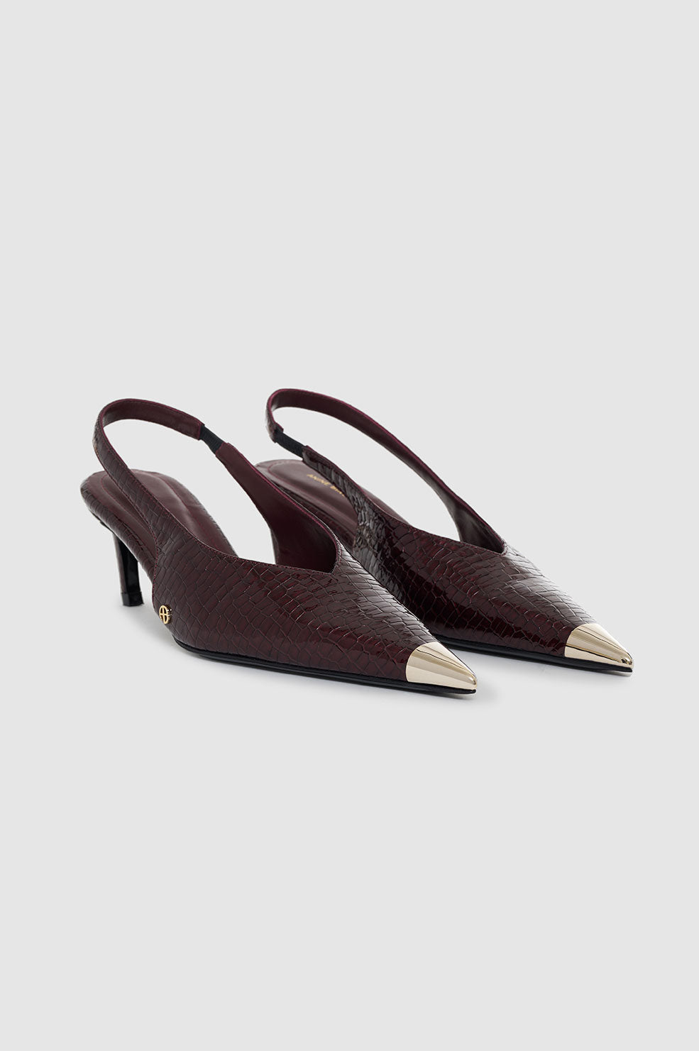 ANINE BING Nina Heels With Metal Toe Cap - Burgundy Small Embossed - Side Pair View