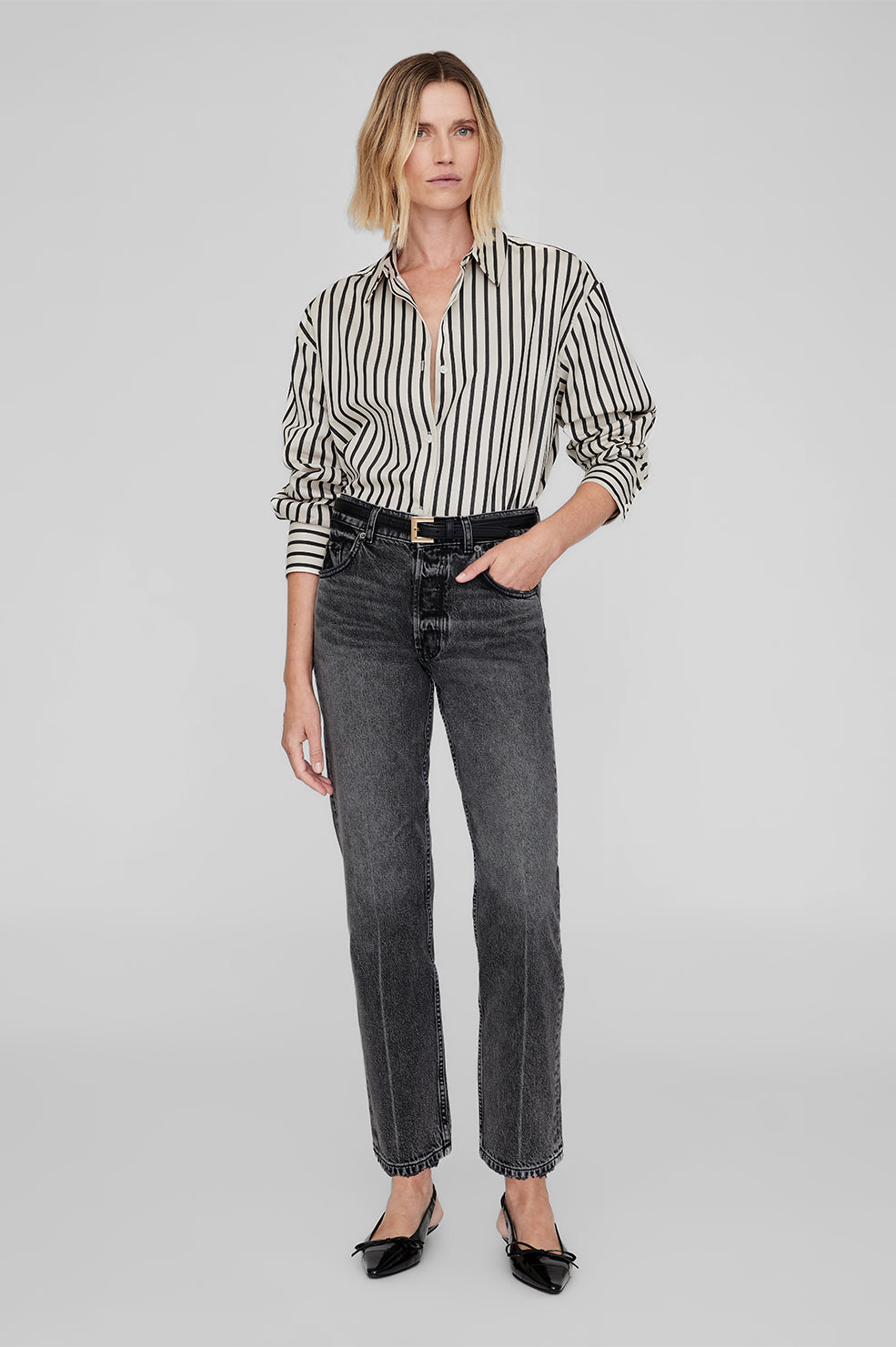 ANINE BING Plaza Shirt - Black And Tan Stripe - On Model Front