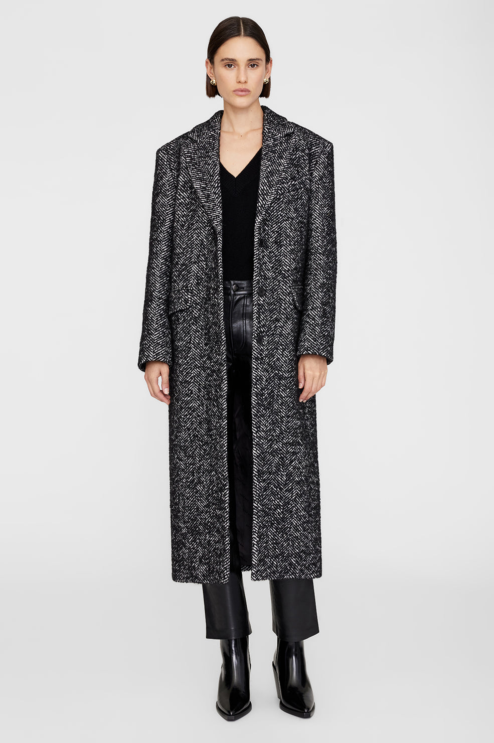 ANINE BING Quinn Coat - Black And White Tweed - On Model Front