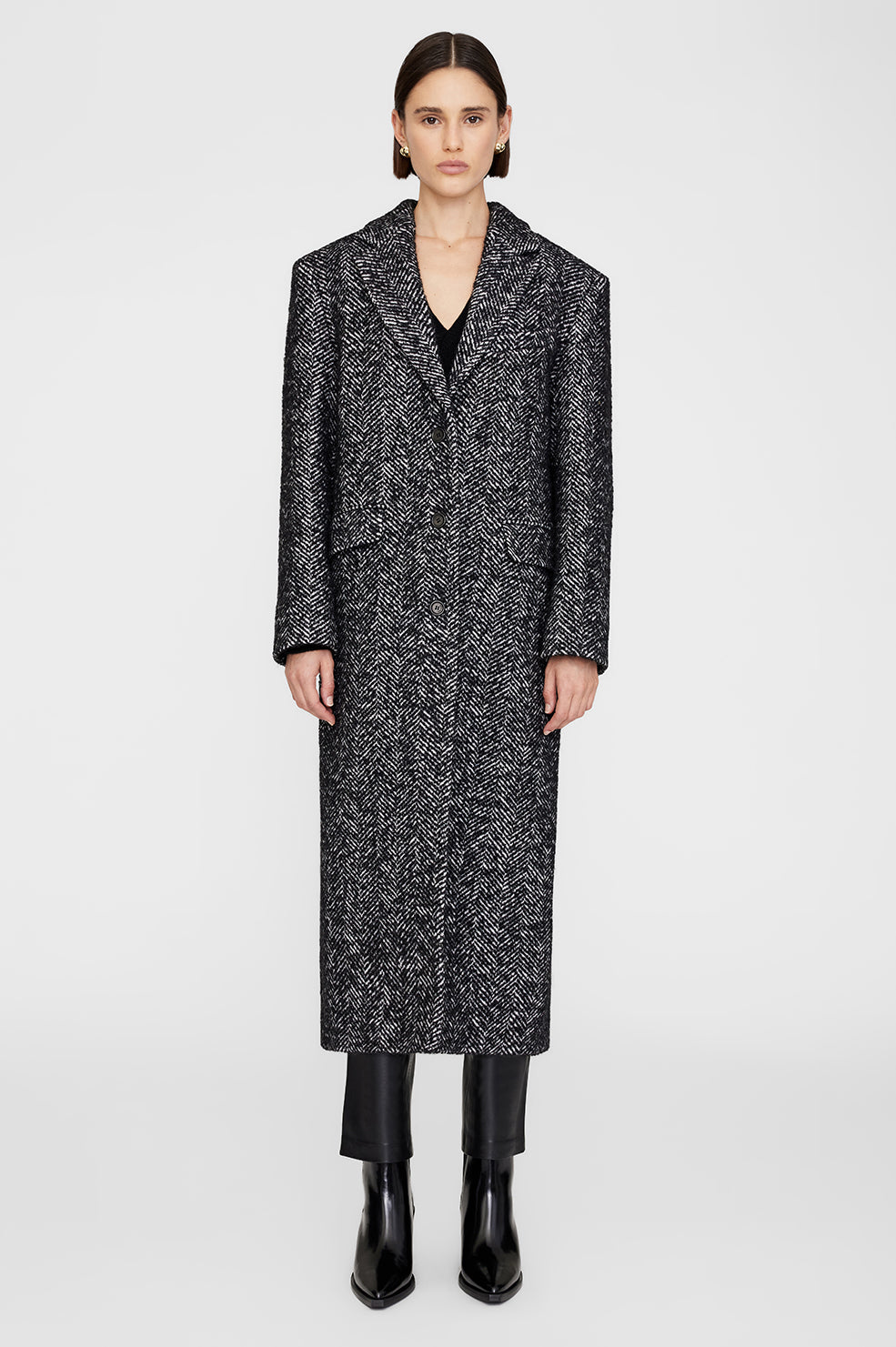 ANINE BING Quinn Coat - Black And White Tweed - On Model Front Second Image