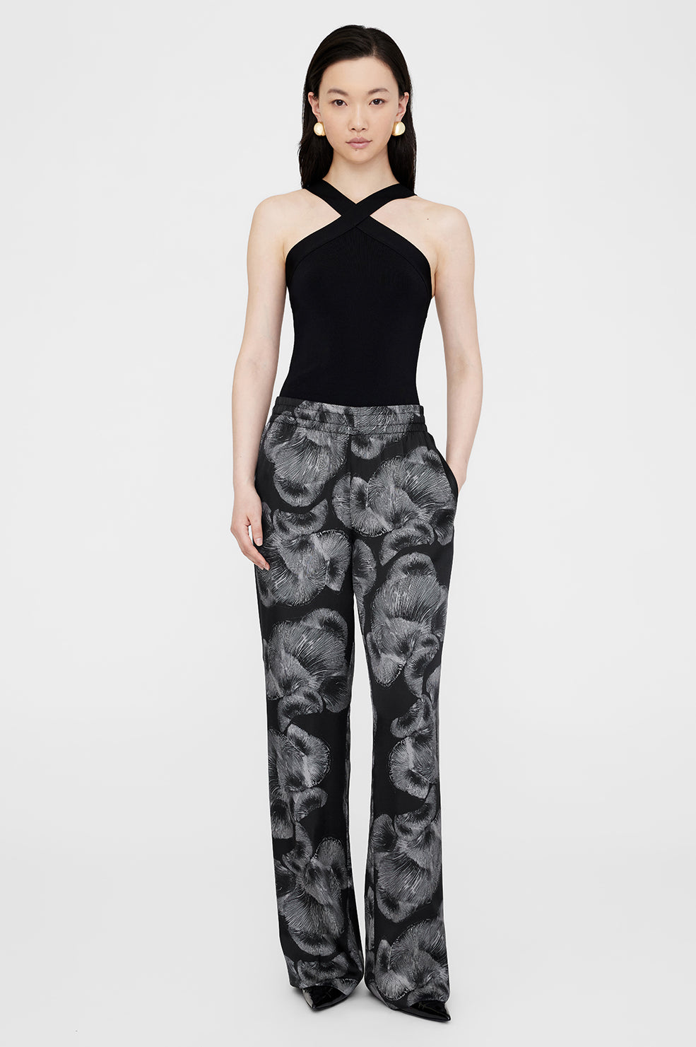 ANINE BING Soto Pant - Black Mushroom Print - On Model Front