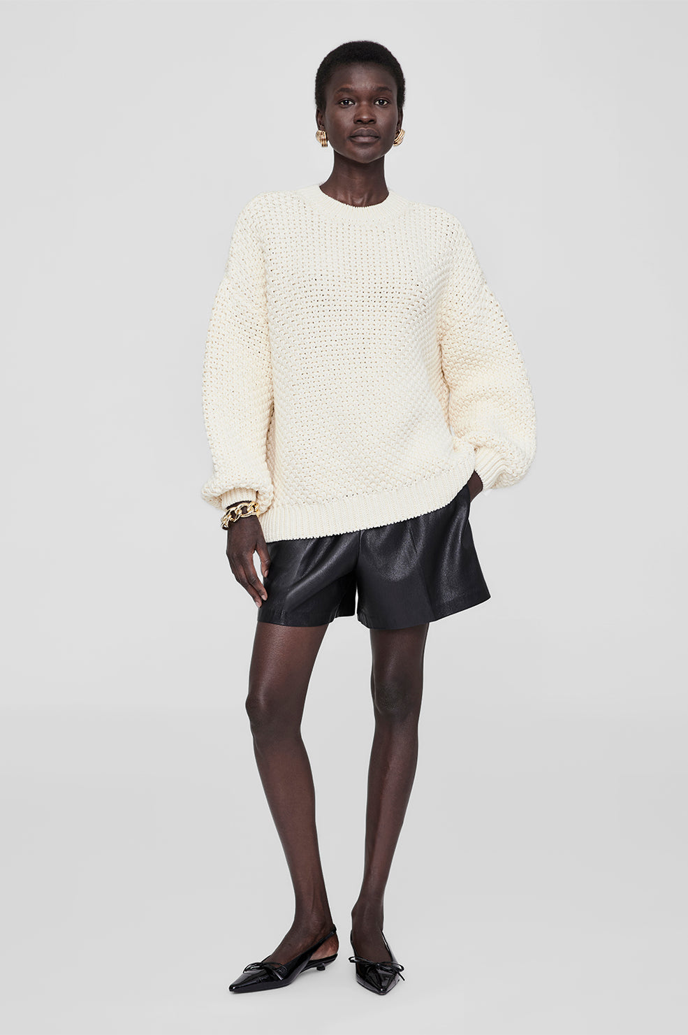 ANINE BING Sydney Crew Sweater - Ivory Crochet - On Model Front