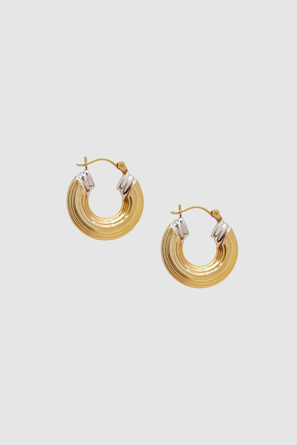 Two Tone Ribbed Hoop Earrings - 14k Gold