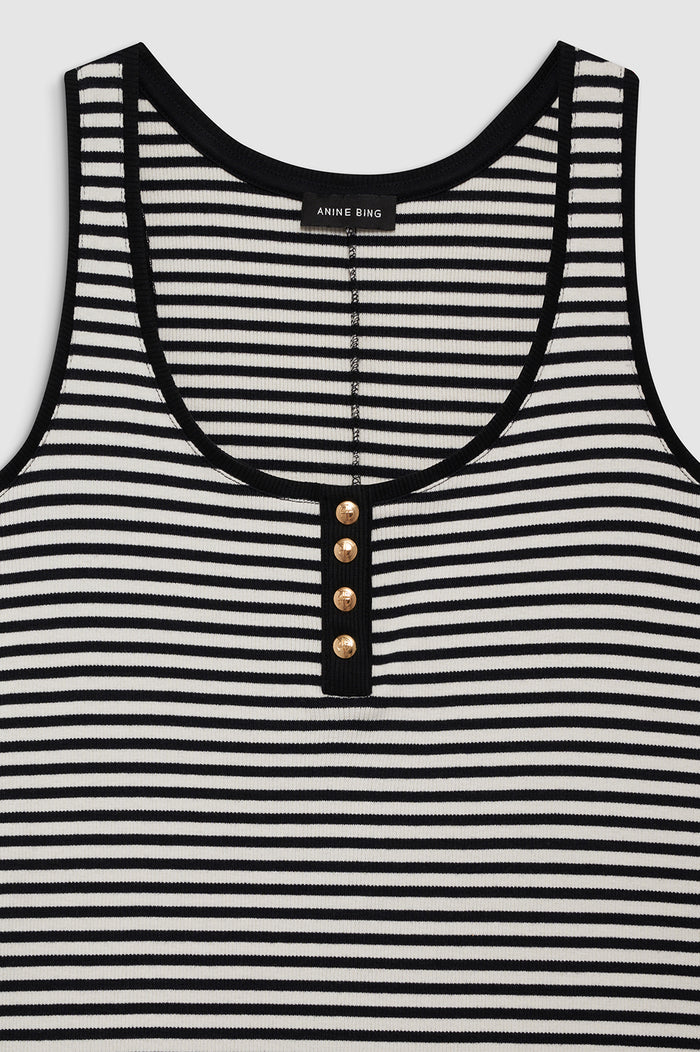 ANINE BING Alessia Tank Midi Dress - Cream And Black Stripe - Detail View