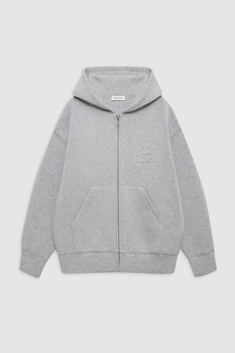 ANINE BING Bond Zip Up Hoodie Framed Monogram - Heather Grey - Front View