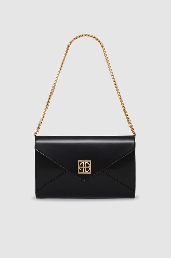 ANINE BING Elly Clutch - High-Shine Black - Front View with Chain