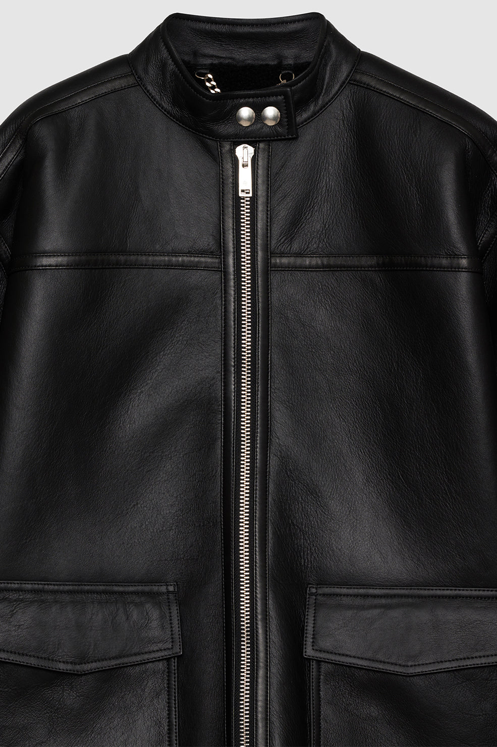 ANINE BING Henry Jacket - Black Leather With Shearling - Detail View