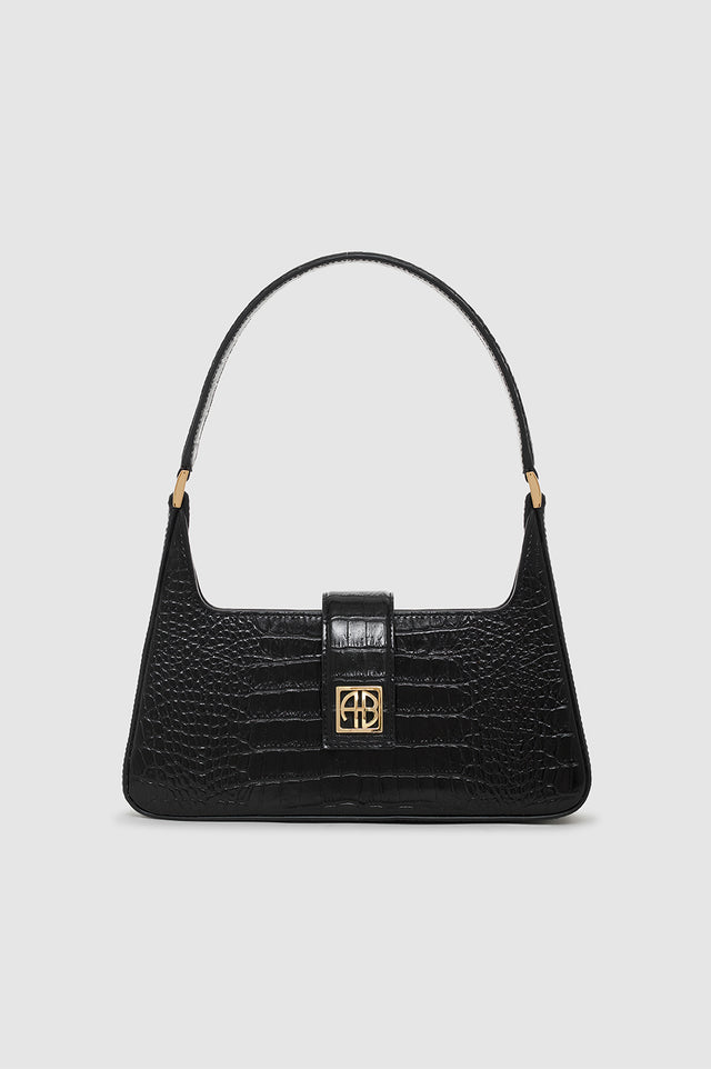 ANINE BING Lou Shoulder Bag - Black Embossed - Front View