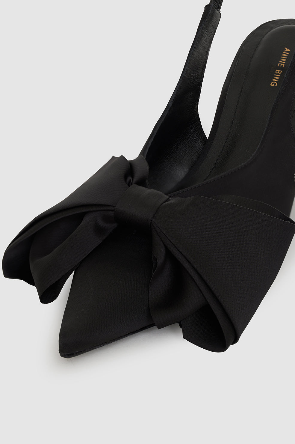 ANINE BING Nina Heels With Bow - Black Satin - Detail View