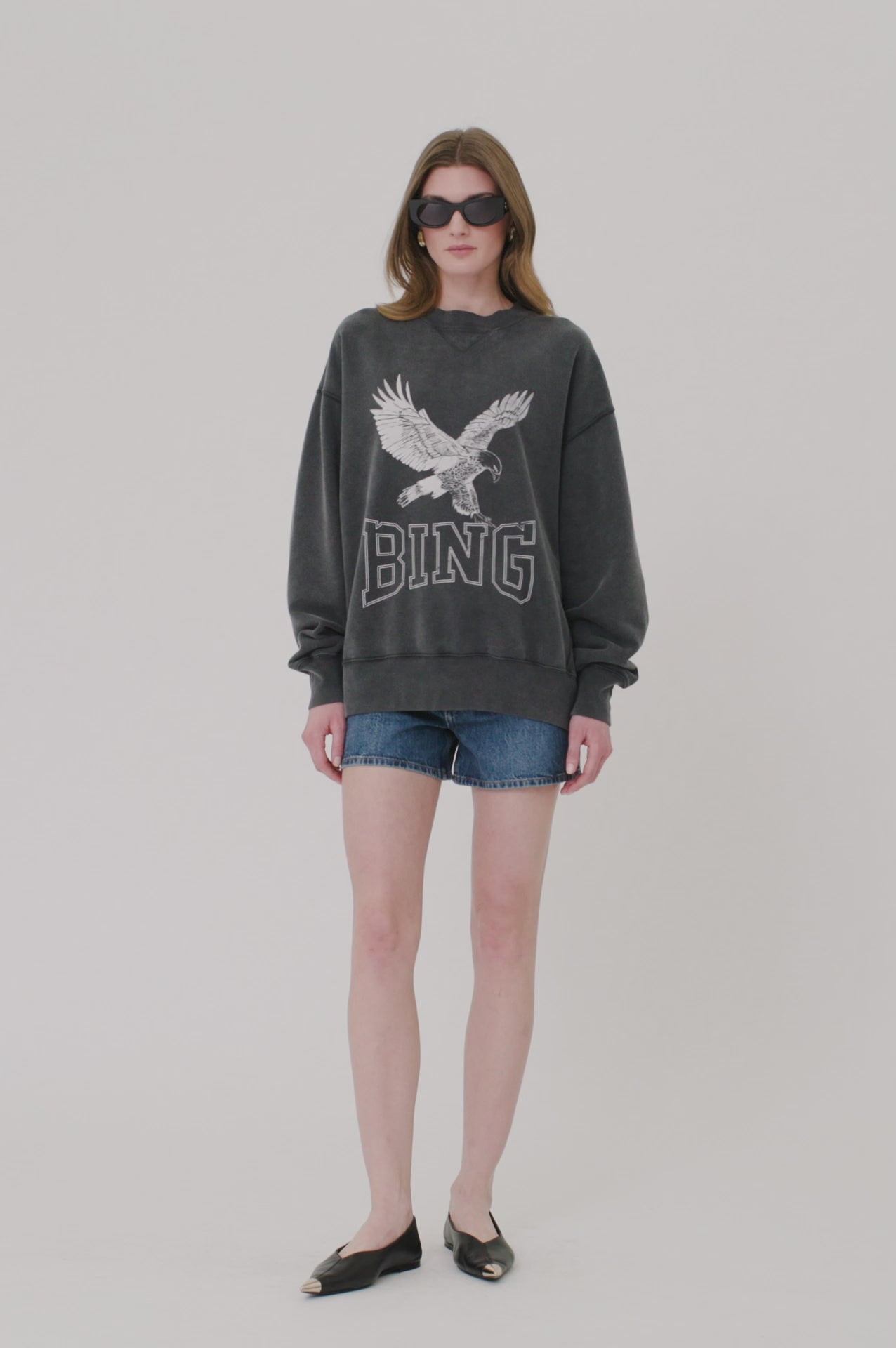 ANINE BING Alto Sweatshirt Retro Eagle - Washed Black - On Model Video